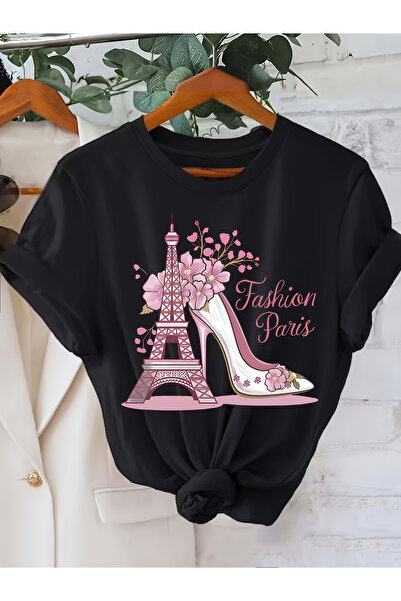 STITCHLY تي شيرت نسائي بأكمام قصيرة بنمط برج إيفل ونقشة زهور على الطراز البار...