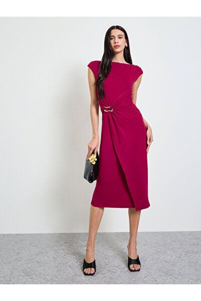 Styli Red Metal Decor Detail Sheath Midi Dress
