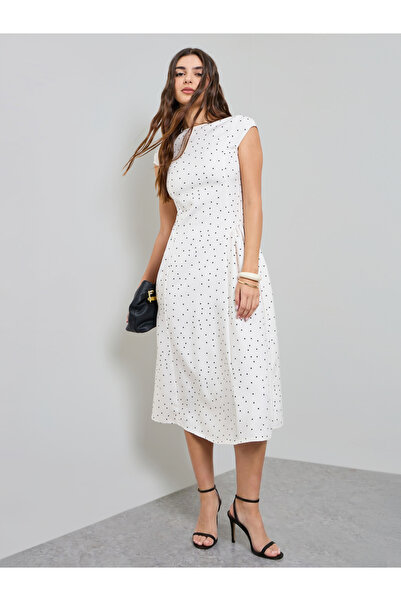 Styli Off White Polka Dot Print A-Line Midi Dress