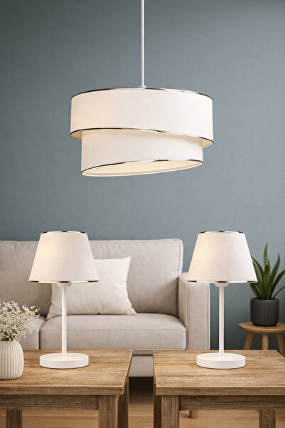 Eslight Modern 3'lü Rüzgar Aydınlatma Seti - Beyaz Kumaş Sarkıt Avize ve 2'li...
