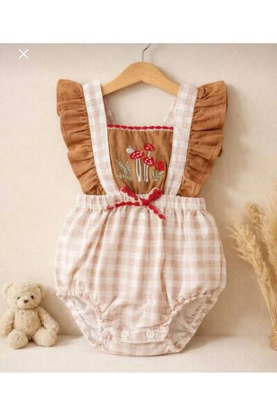 Luna Kids Store Baby Girl Mushroom Embroidered Lace Detailed Ruffle Strap Jum...