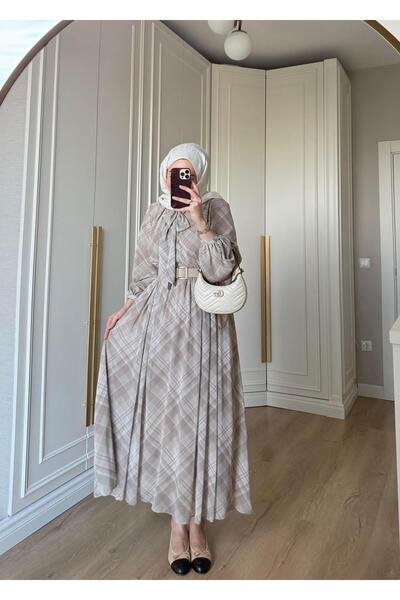 SOİ Mira Plaid Patterned Dress Beige
