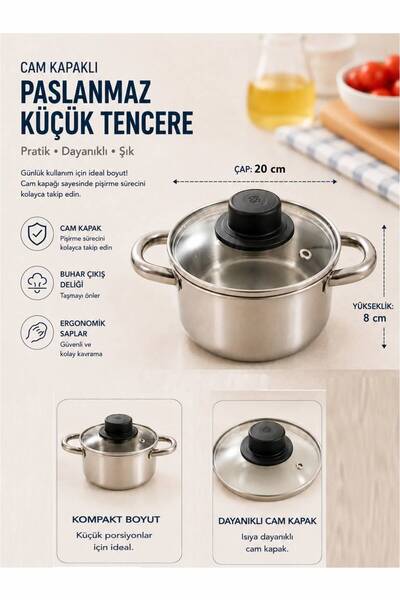 GÜZELYÜZ AVM Cam Kapaklı Mini Paslanmaz Tencere Yükseklik 8cm İç Genişlik 20c...