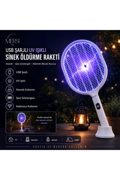 Mersi SHOP USB Şarjlı UV Işıklı Sinek Öldürme Raketi | Standlı Şarj Göstergel...