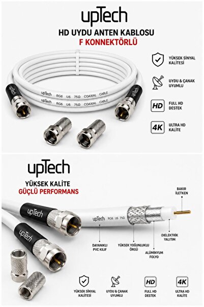 upTech HD Uydu Anten Kablosu 2 Metre F Konnektörlü Full HD 4K TV Kablosu
