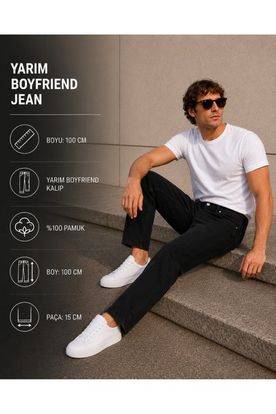 fashionistanbul Men's Boyfriend Jeans Black Loose Comfortable Fit Denim Jeans