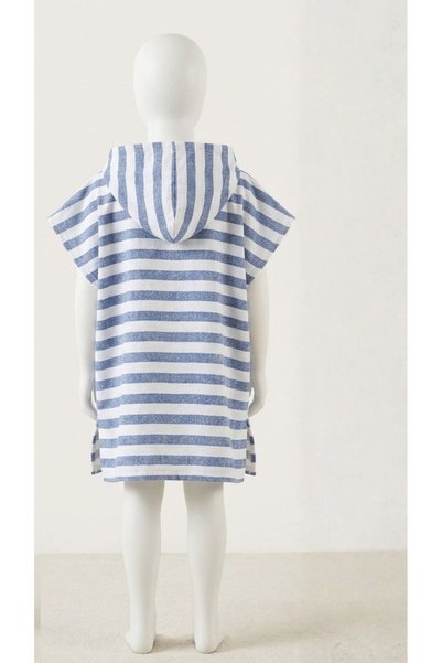 Asva Home Children's Hooded Towel Poncho Blue White Striped Beach and Pool Poncho Unisex