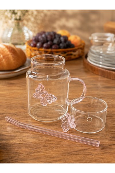 ASSA BAZAAR Butterfly Figured Glass Mug with Lid and Straw for Cold Drinks and Coffee