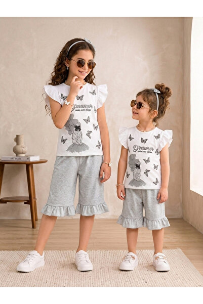Generic Brand Girl's Butterfly Printed Ruffle Capri Set Cotton Summer Wear