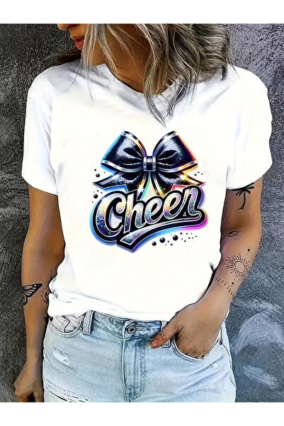 1001 Line Women's Cheer T-Shirt - Neon "Cheer" Sparkling Bow Design, Stretchy...