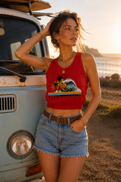 Rich Women's Cotton Landscape Printed Short Sleeve Elastic Crop T-Shirt