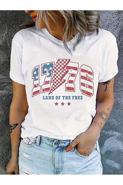 BASEPULSE Women'S Patriotic T-Shirt with a 1776 Freedom Print, Casual Round N...