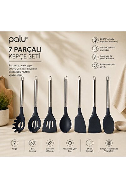 PALU GASTRO Premium 7 Parça Silikon Kepçe Seti (34 cm, Paslanmaz Çelik Saplı)