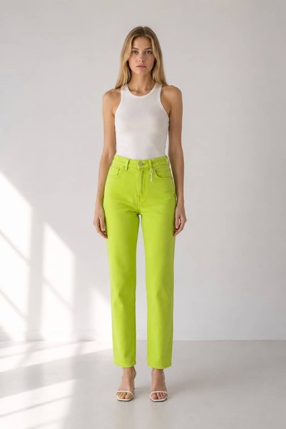 MODA Neon Yeşil Yüksek Bel Denim Pantolon