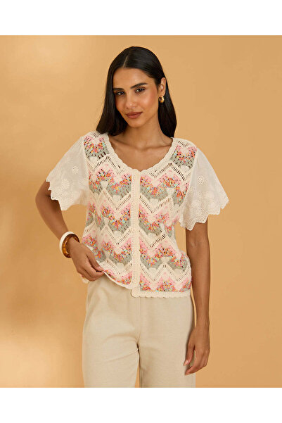 REDTAG Women Ivory And Pink Crochet Top