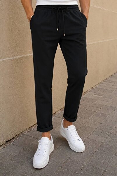 MADZEYMODA Men's Double-Legged Black Trousers with Elastic Waistband