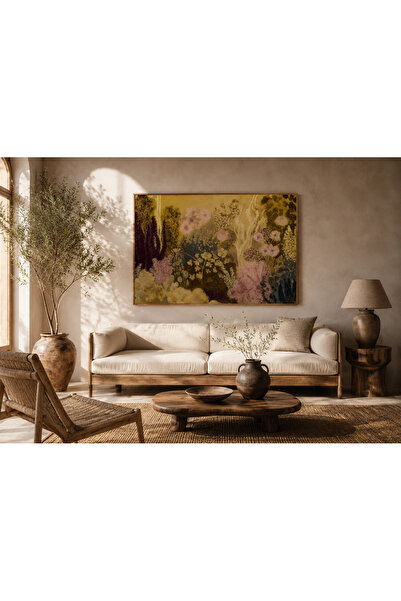 Boho wellness studio Ahşap Çerçeveli Pastel Bahçe Çiçekleri Romantik Peyzaj P...