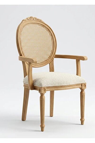silla Kollu Madalyon Sandalye Teddy Krem Kumaş Oymalı Hasırlı Naturel Ahşap S...