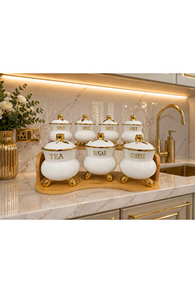 CEZVE HOME Gold Detailed Porcelain Kitchen Jar Set 7 Pieces with Wooden Stand
