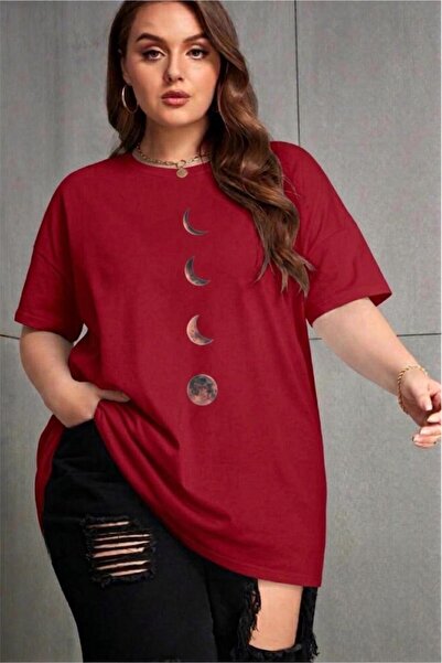 Oksit Moon Women's Large Size Oversized Printed Crew Neck Cotton T-Shirt Rela...