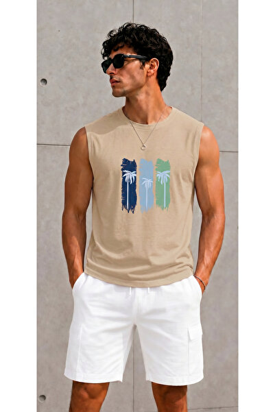 TREND EMMODA Men's Palm Tree Patterned Zero Sleeve Round Neck Beige Color Spo...
