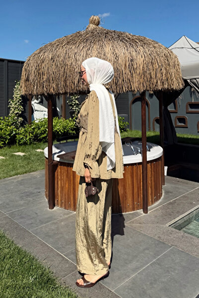 fushya design Dantel Detaylı Önü Bağlamalı Pantolonlu İkili Takım