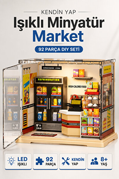 YILDIRIM OYUNCAK Kendin Yap Işıklı Minyatür Market Seti 92 Parça – Şeffaf Kor...