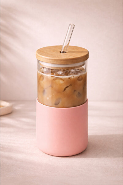 Woodcept. Bamboo Lid Glass Cup with Glass Straw 500 Ml, Heat Resistant Silico...