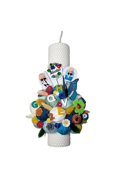 OEM Lumânare tip fagure pentru botezul unui băiat, decorată cu bile, flori us...