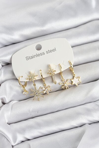 NO NAME 316L Steel Gold Color Star Model Zircon Stone Women's Earring Set