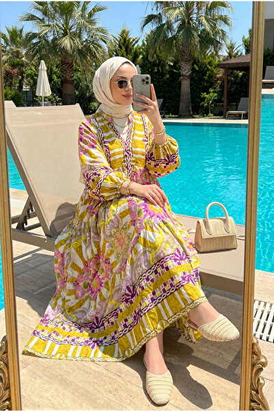 Kirazca Butik Women's Ottoman-Inspired Patterned Hijab Dress (Unlined)