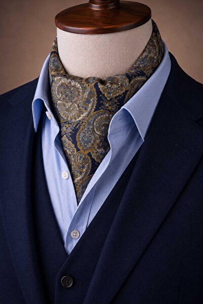 Kravatkolik Cravată Ascot din mătase italiană cu model șal portocaliu și bleu...