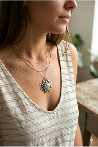 ZGNOVA Steel Necklace with Sun Shape and Aventurine Natural Stone