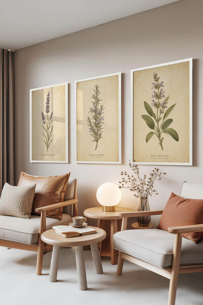 Zestia Set de 3 tablouri cu ramă albă, ilustrație botanică vintage cu lavandă...