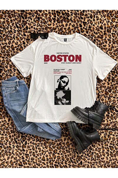 chaygoy Kadın Oversize Beyaz Tişört Boston Classy Ön Baskılı %100 Pamuk