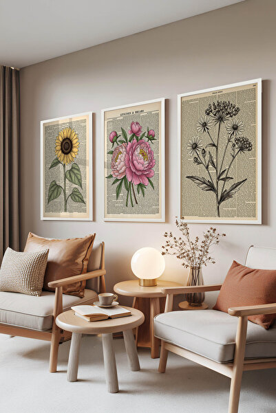 Zestia Set de 3 tablouri cu ramă albă, ilustrație vintage cu buchet de flori ...
