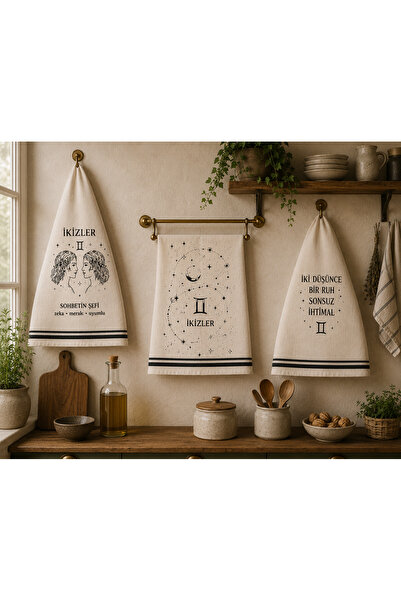 Gravs İkizler Burcu Temalı Dekoratif Mutfak Havlusu 3'lü Set 30x50 cm