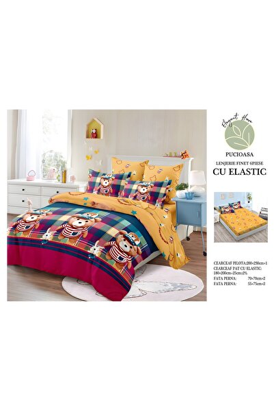 naniland.ro Lenjerie de Pat Bumbac Satinat 2 Persoane 6 Piese cu Elastic 180x...