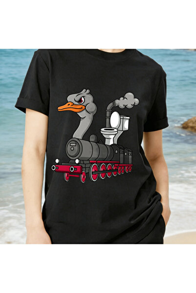 1001 Line Duck Train Toilet Funny Print Women's Black T Shirt 100% Pure Cotto...