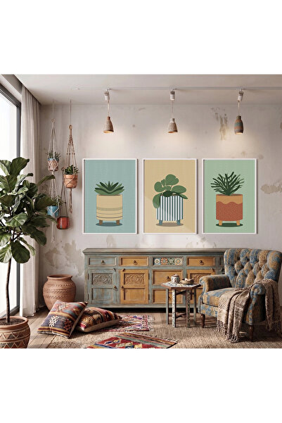 KOLAJTASARIM Set de artă minimalistă cu plante, set de 3 tablouri cu ramă alb...