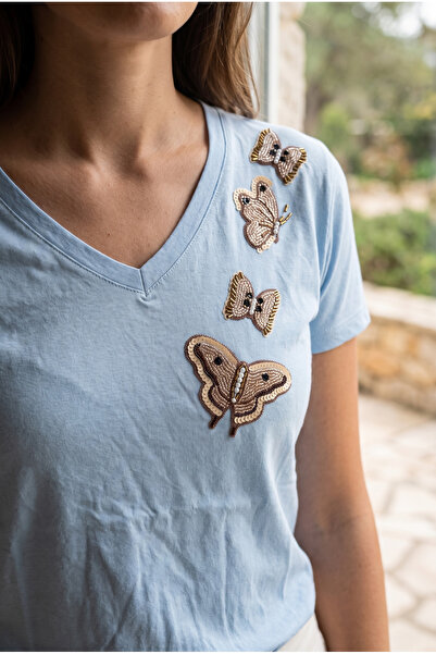 FEMELLE Blue V-Neck Butterfly Bead and Sequin Embroidered 100% Cotton T-Shirt