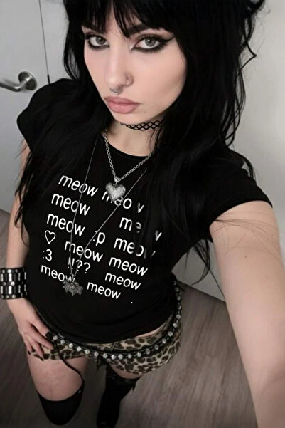 Yukatay Siyah Meow Meow Meow :3 Y2K Kısa Kolu Crop