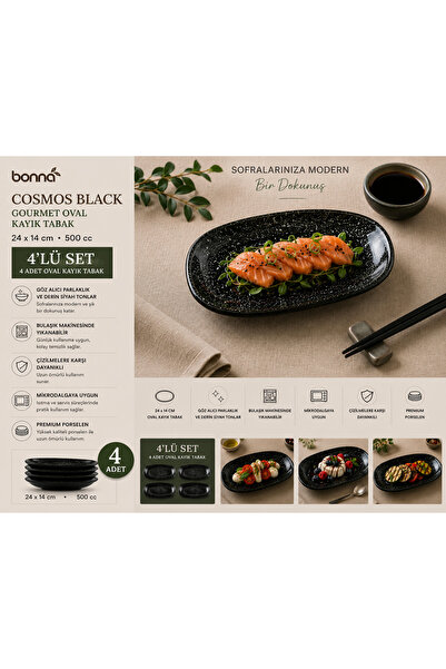 Bonnami Bonna Cosmos Black Gourmet Oval Kayık Plate Set of 4 / 24X14 cm Black...