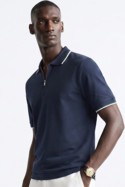 BARRELS AND OIL Men's Half-Zip Ribbed Detail Polo Collar T-Shirt - Navy Blue