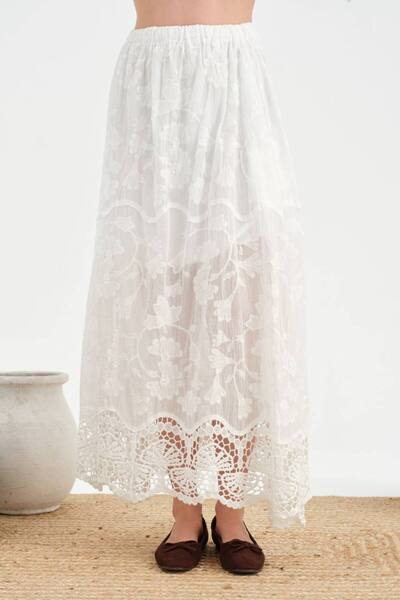 tw3 Women's Long Skirt with Complete Embroidery Detail, Elastic Waist, and Li...