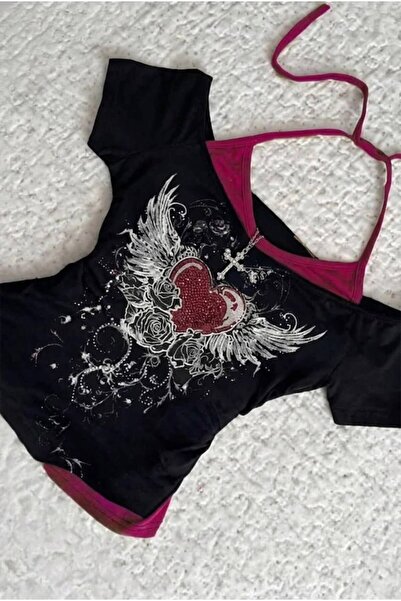 DEEFWEAR Black Rose Red Heart Additional Strap Gothic Y2K Short Sleeve Crop