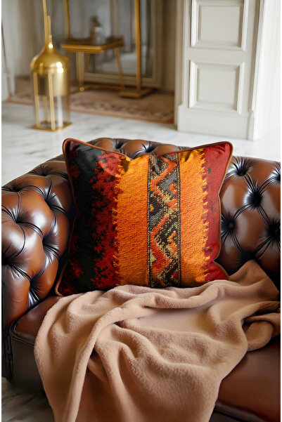 CANİLA Ethnic Border Patterned Leather Luxury Cushion Cover 45X45Cm 1 Piece