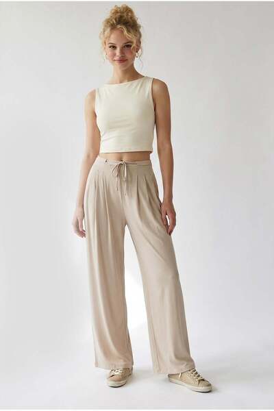 Mixray 2116 Women's High Waist Wide Leg Modal Textured Trousers Beige