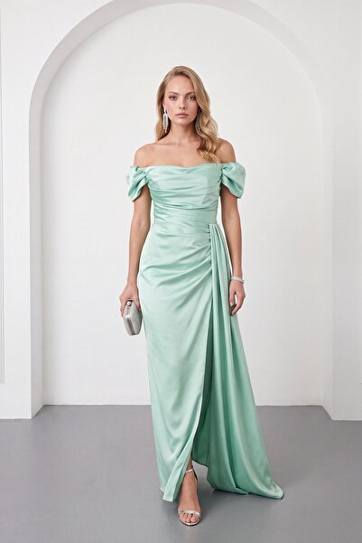 Lafaba Rochie de seară lungă din satin, verde, cu croială mulată, cu decolteu...