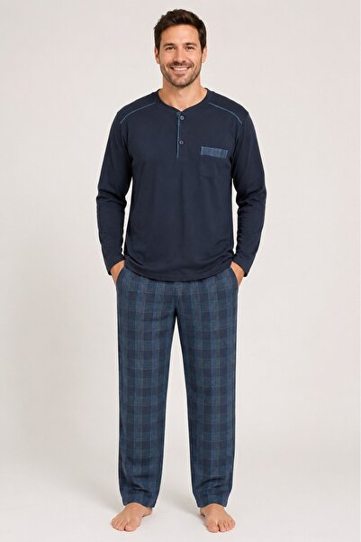 yula store Aysun Teksti̇l Men's Large Size Long Sleeve Pajama Set with Plaid ...